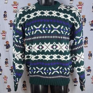 Vintage Brittany Bay green & white geo  chunky knit pullover casual XL sweater